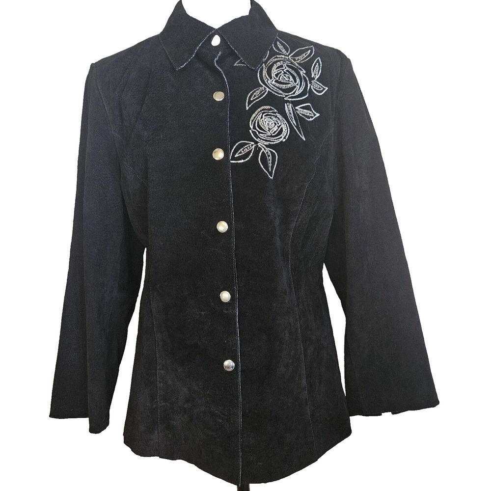RITA'S CLOSET Black 100% Suede Leather Silver Embroidered Flowers Women's SZ L